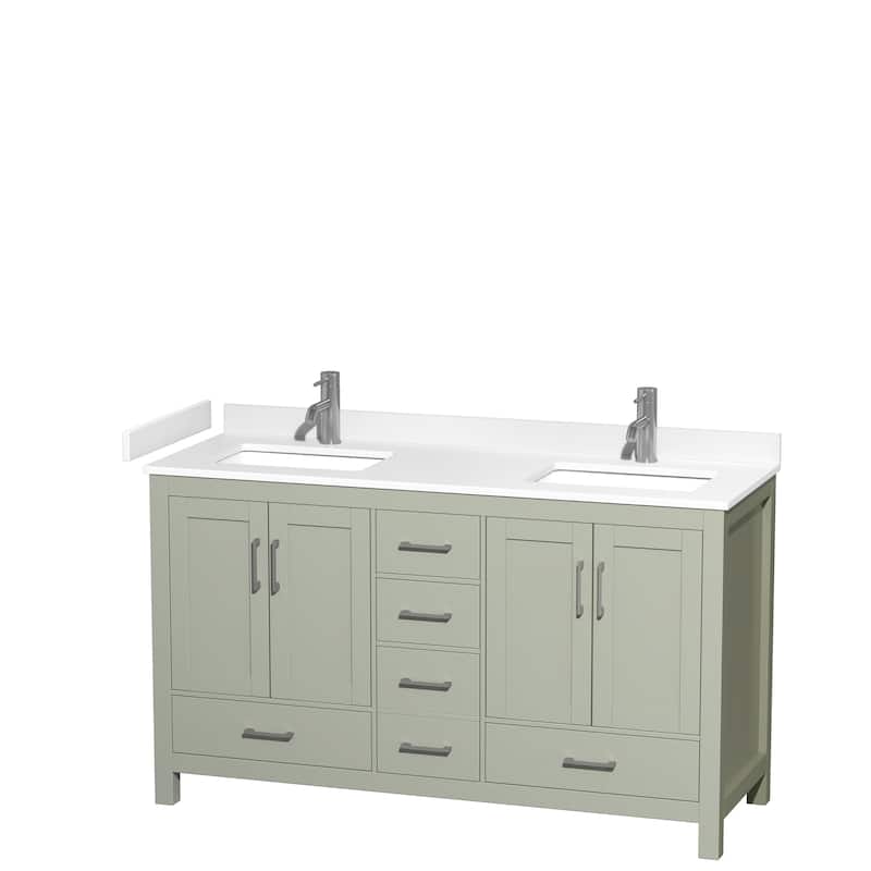 Sheffield Double Bathroom Vanity Set, Cultured Top, No Mirror - 60-Inch Double - Light Green, White Cultured Marble Top,Nickel Trim