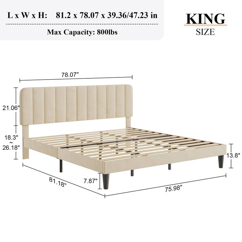 Javlergo King Size Bed Frame with Adjustable Headboard Platform Bed with Wood Slats Heavy Duty Mattress Foundation