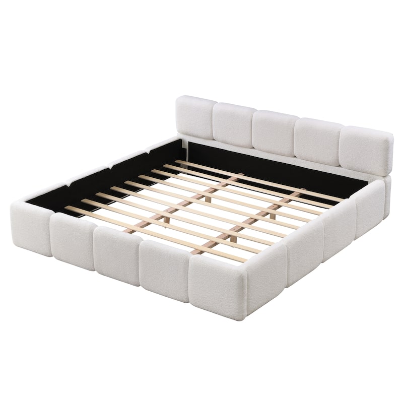White Block Upholstered Frame Grounded Bed with Boucle Thick Headboard Footboard Platform Bed, Lowprofile Wingback Bed Floor Bed