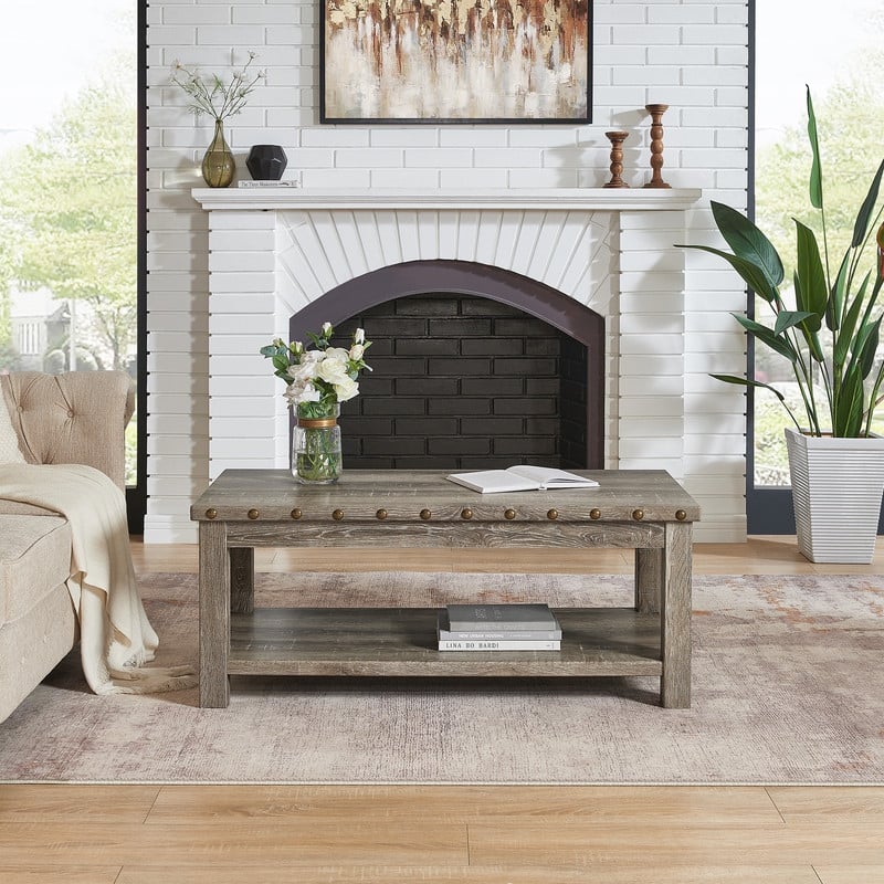 47" Rustic Distressed 2-Tier Coffee Table with Rivet Design