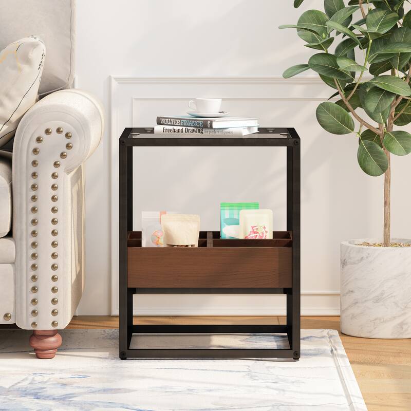 Glass Coffee Table with storage shelf and metal table legs