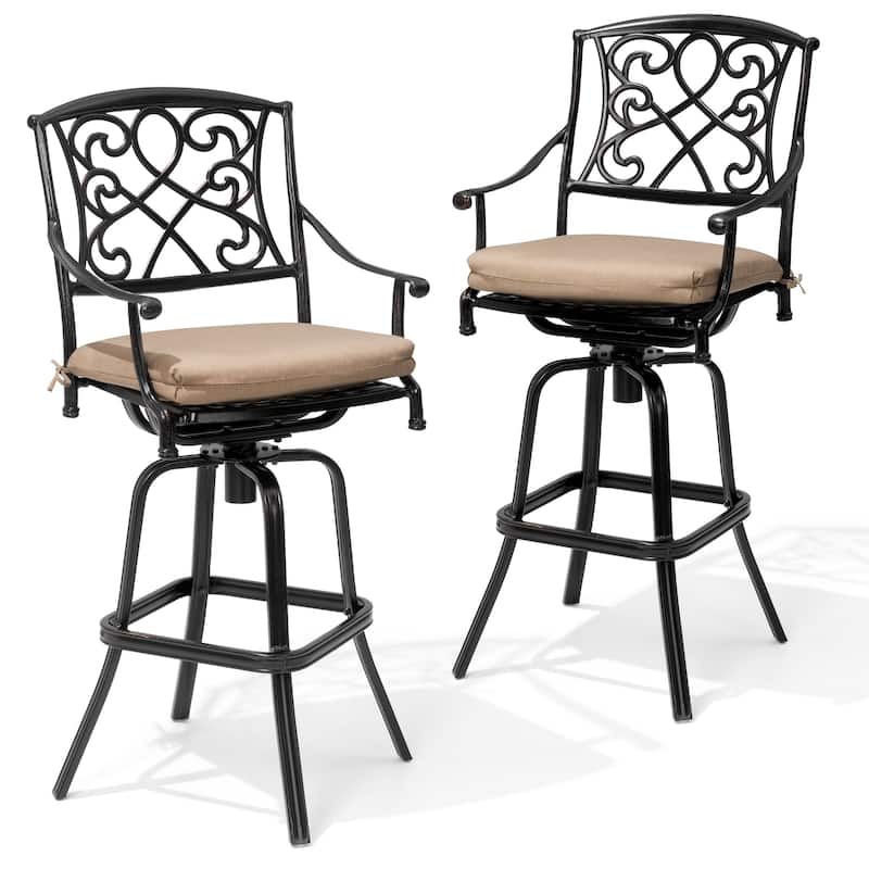 Set of 2/4 Outdoor Cast Aluminum Swivel Bar Stools with Sunbrella Fabric Cushion - Canvas Antique Beige - 2PC