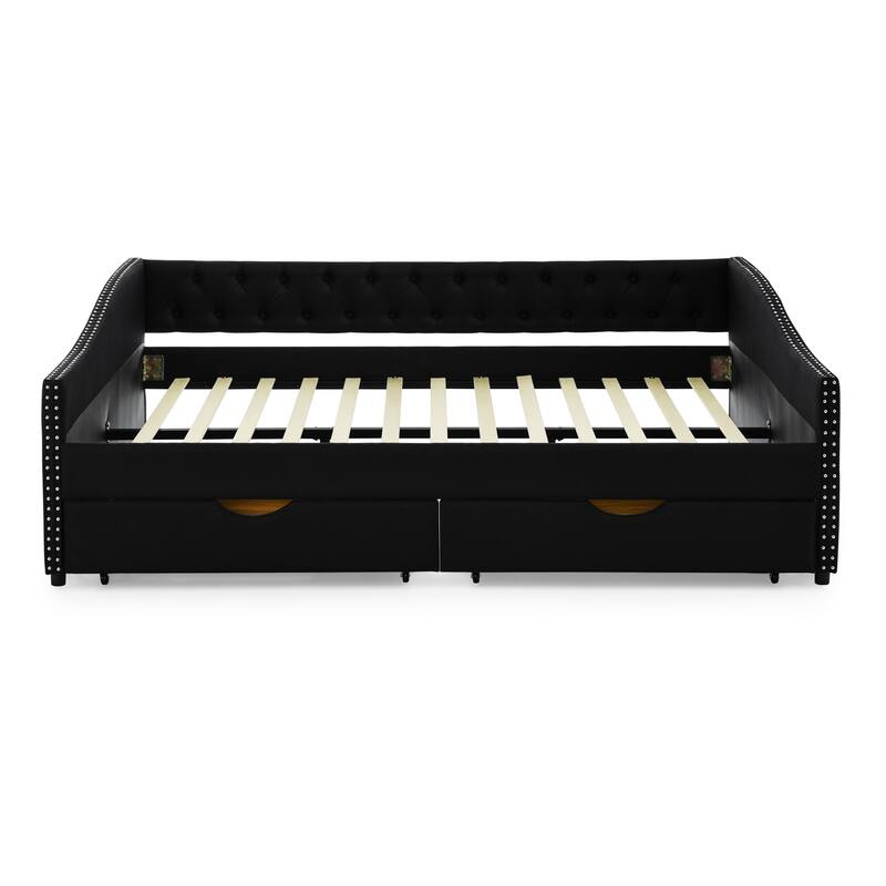 Roomfitters Twin/Full/Queen Upholstered Daybed with Tufted Backrest, Nailhead Trim and Underbed Storage Trundle