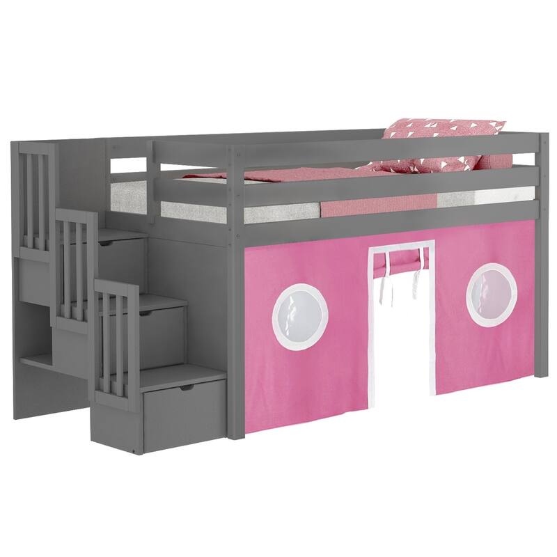JACKPOT Contemporary Low Loft Twin Bed with 3 Step Stairway and Tent - Grey with Pink & White Tent