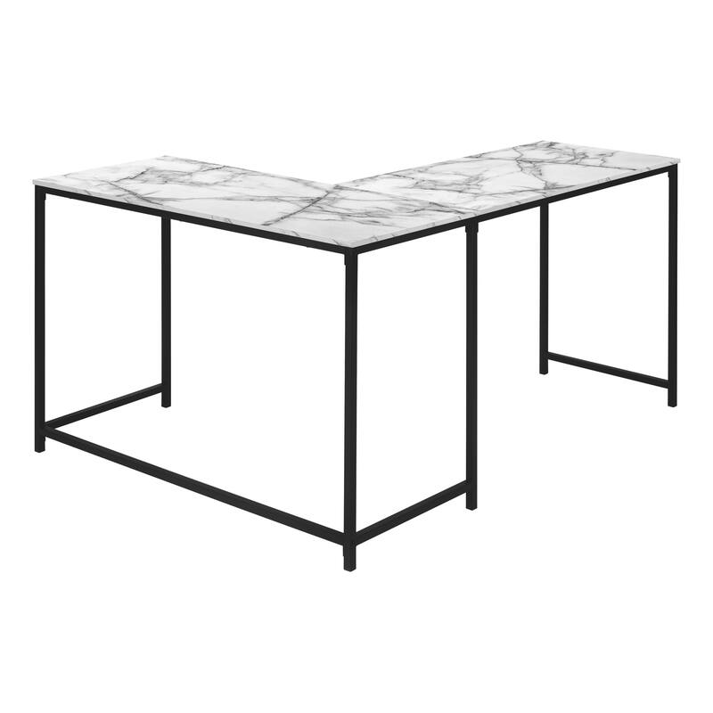 Computer Desk, Home Office, Corner, 58"l, L Shape, Work, Laptop, White Marble Look Laminate, Black Metal, Contemporary