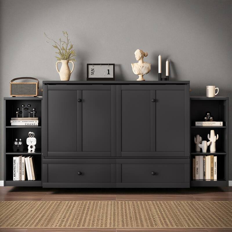 Full/Queen Size Murphy Bed with Storage Drawers and Shelves, Space-Saving Foldable Wall Bed for Guest Room - Dark Grey - Full