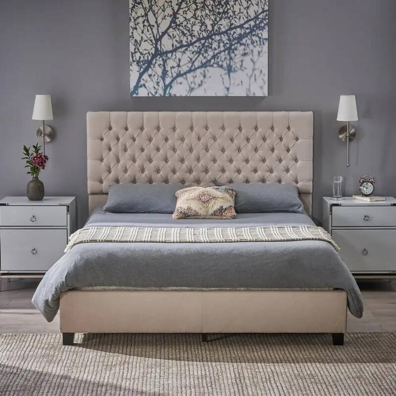 Ivory Queen Size Upholstered Bed with Button-tufted Headboard - Ivory