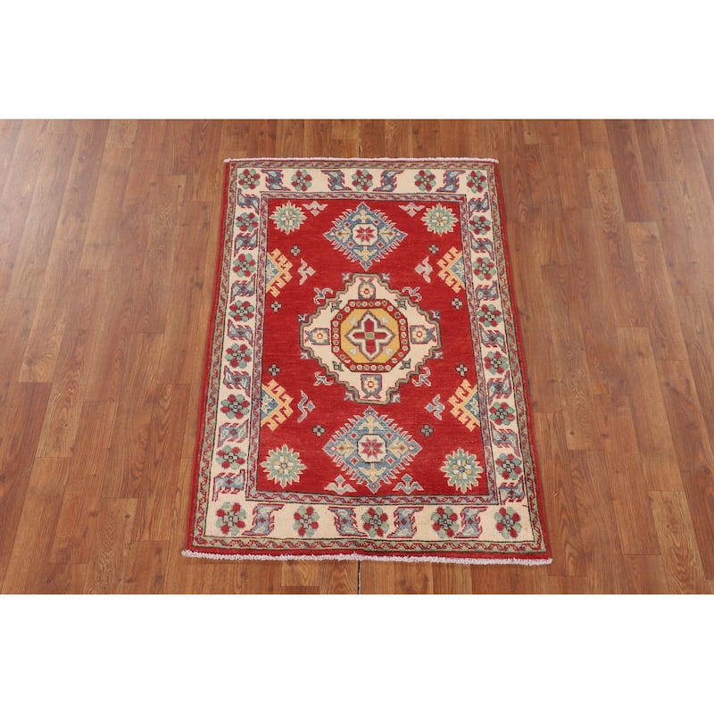 Geometric Kazak Foyer Rug Hand-Knotted Traditional Wool Carpet - 2'8" x 3'11"