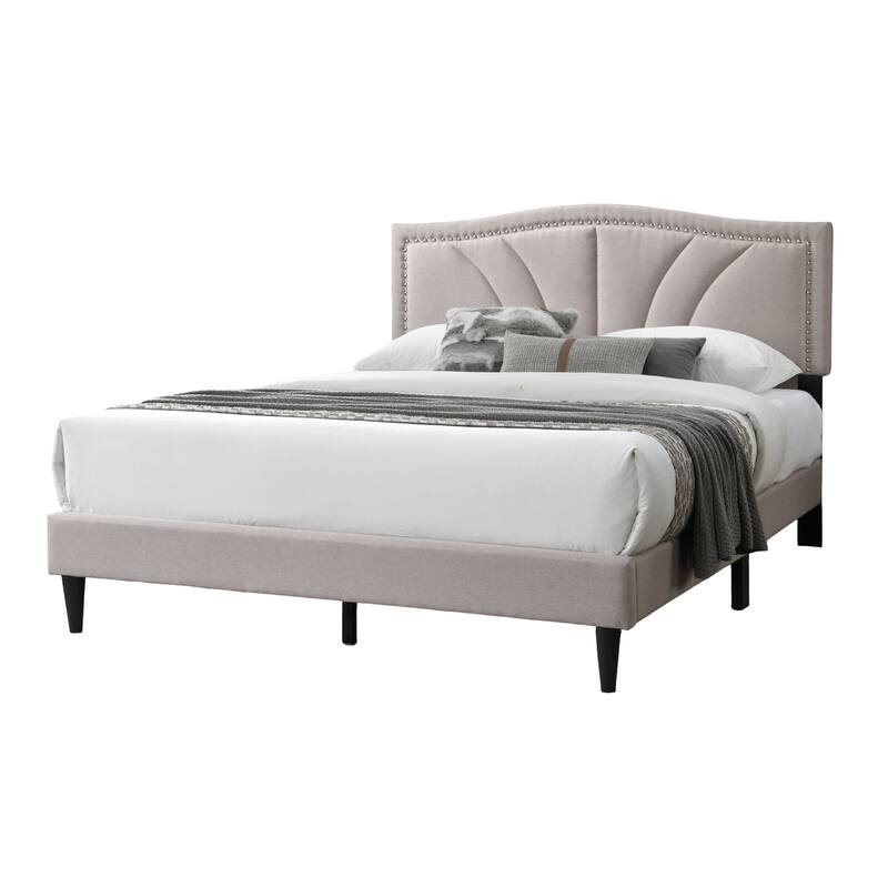 Queen Size Light Brown Burlap Fabric Platform Bed with Nailhead Trim Headboard