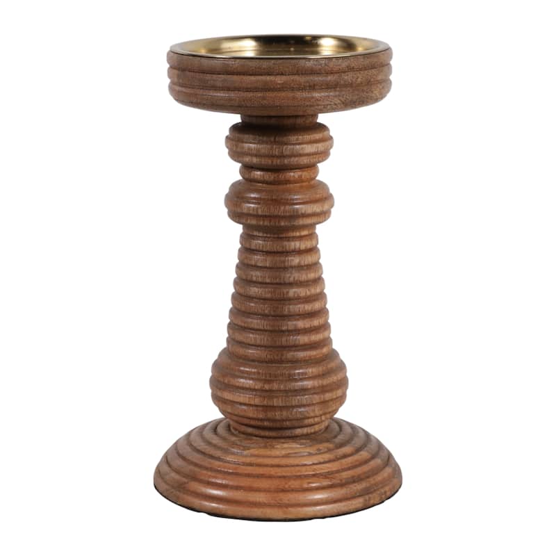 Candle Holder - Brown Mango Wood Ribbed Pillar