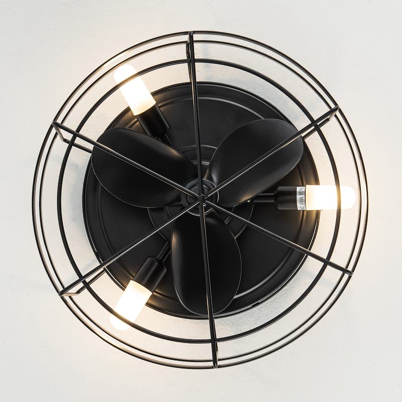 13-inch Matte Black Industrial Flush Mount Small Caged Fandelier Ceiling Fan with Remote and LED Light