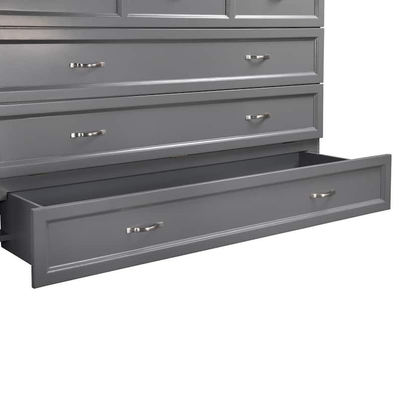 Deerfield Queen Murphy Bed Chest with 6" Mattress, Storage Drawer & Built-In Charger in Grey