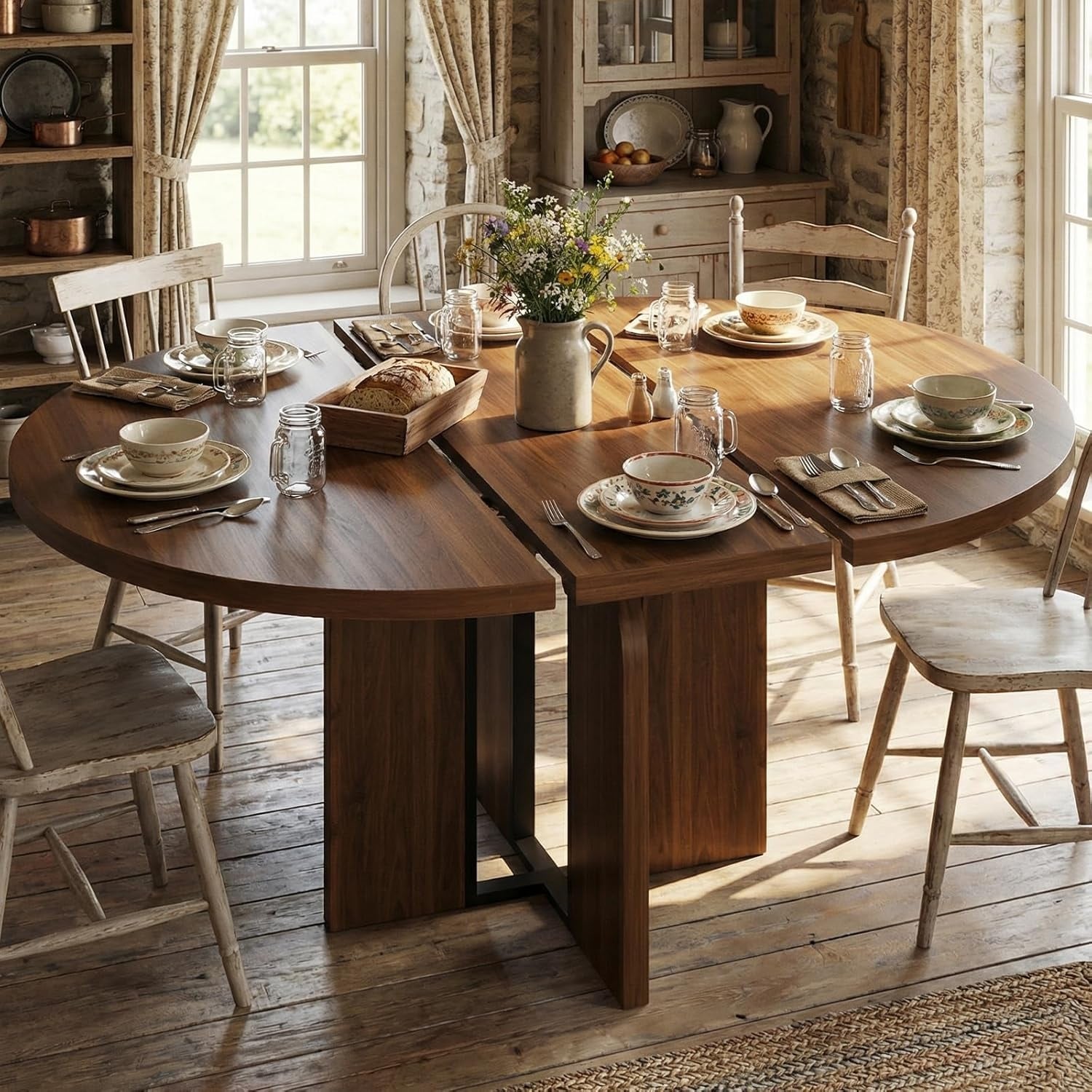 63in Extendable Round Dining Table for 4-8, Farmhouse Oval Kitchen Table, Sturdy Metal Frame, Thick Top, Wider Leg
