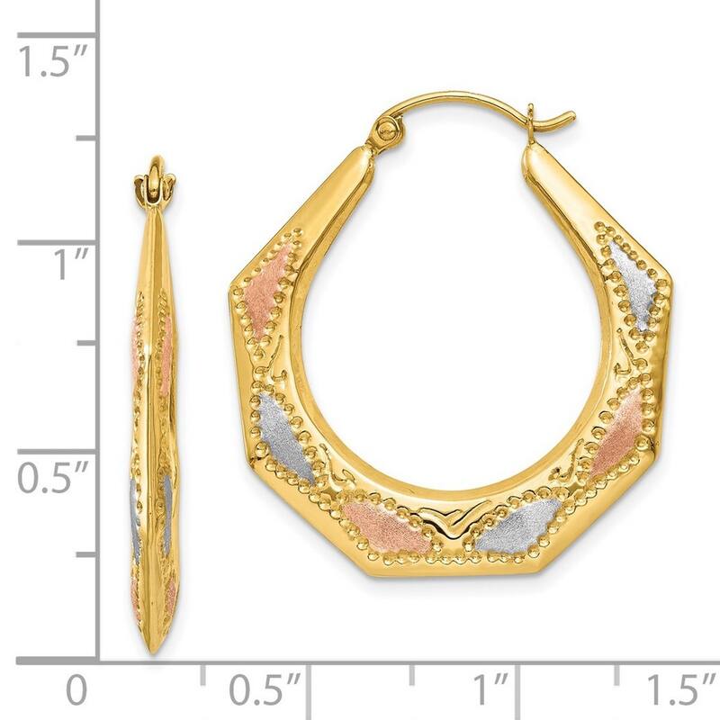 Curata 14k Yellow Gold White And Rose Rhodium 3x30mm Octagonal Flower Hoop Earrings