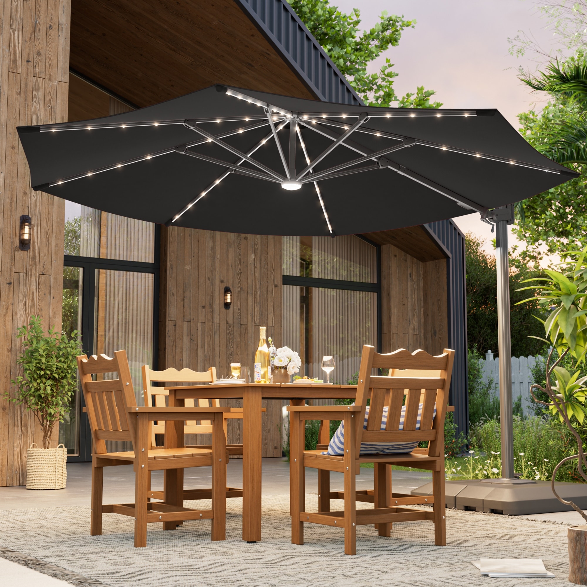 LIVOOSUN 11-foot Solar LED Cantilever Umbrella with 360-degree Swivel & Base