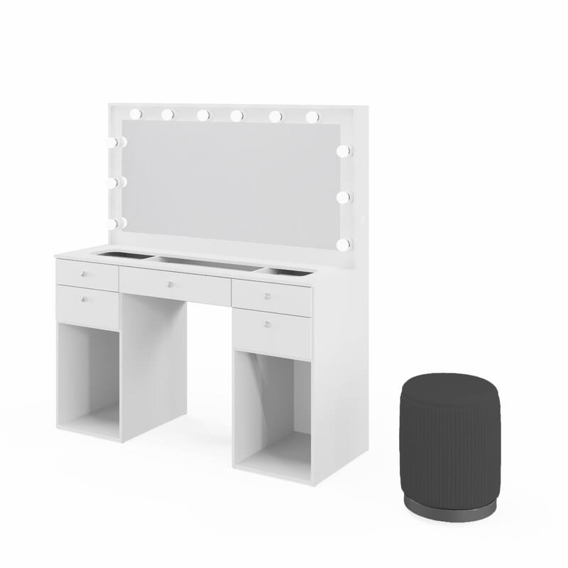 Makeup Vanity Desk w/ Free Black Storage Stool, LED Mirror, 5 Drawers, extra Storage, USB, Power Outlet