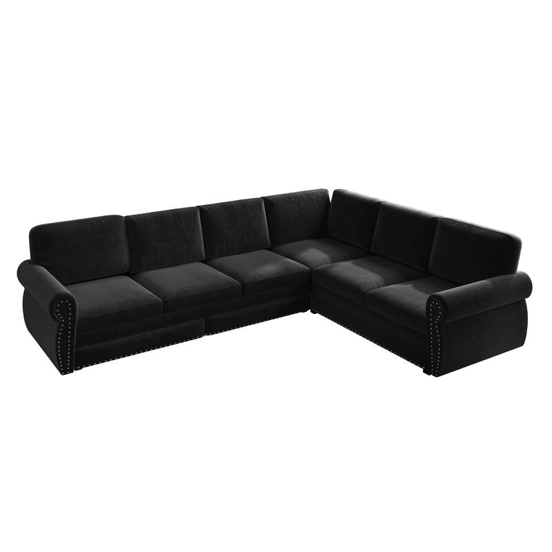 L-Shaped Sectional Sofa with Pull-Out Bed, Oversize Convertible Sleeper Sofa with Rolled Arms, Chenille Upholstery