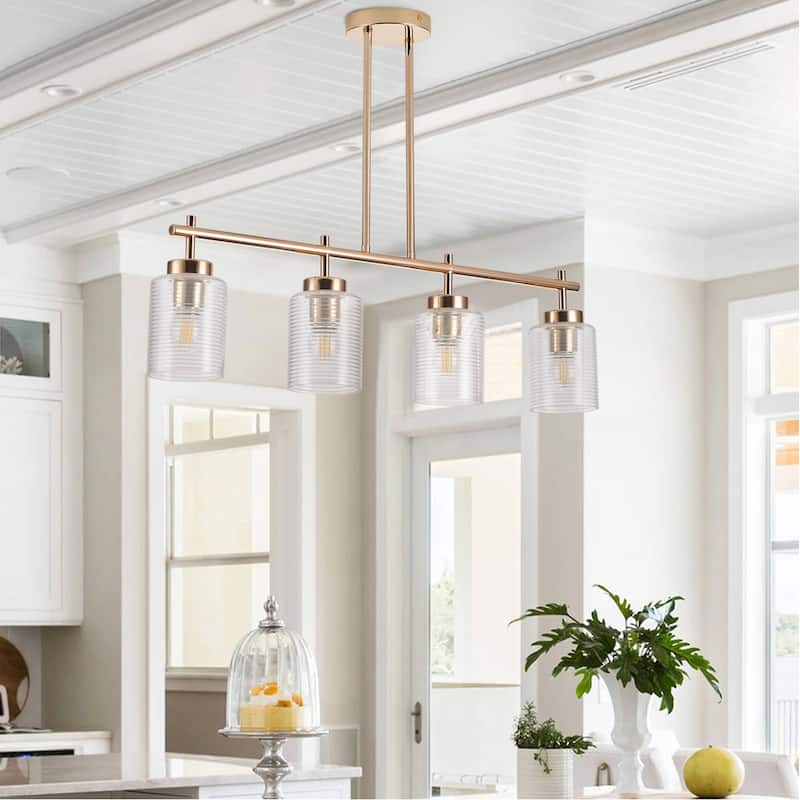 Farmhouse Gold Multi-Bulb Kitchen Island Chandelier with Stripe Clear Glass Shades