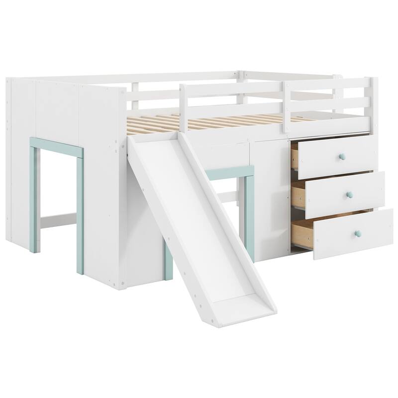 Full Size Low Loft Bed with Built-in Slide, Solid Wood Bed Frame with 3 Storage Drawers & 2 Doors for Kids Boys Girls Bedroom