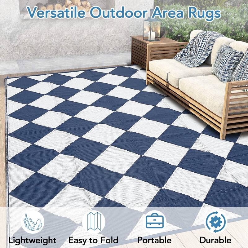 Outdoor Rug Waterproof Reversible Rug Plastic Straw Rug Checkered Floor Mat Outside Carpet for Camping RV Backyard Patio