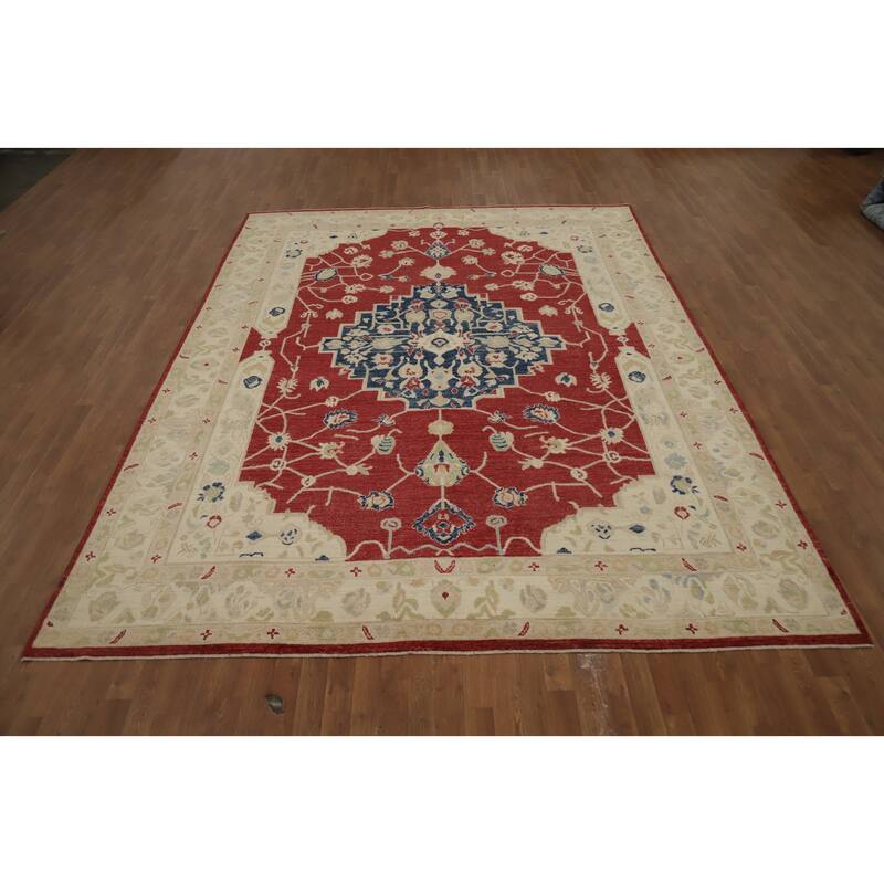 Hand Knotted Oriental 100% Wool Carpet Transitional Medallion Red Oushak Area Rug - 11' 10'' X 8' 11''