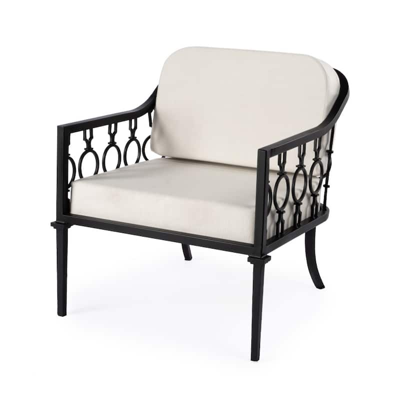26" Black Metal Outdoor Arm Chair with Ivory Cushion