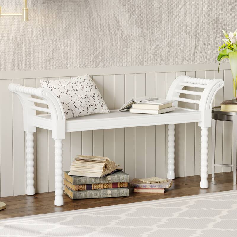 Elegant Retro Style Bench with Turned Legs, Bed End Bench for Bedroom or Living Room Decor, White