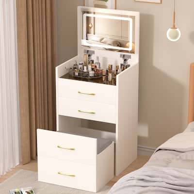 3-in-1 Vanity with Open Top Mirror, Compact Vanity Set with Visible Glass Top, Compact Vanity with 3 Drawers