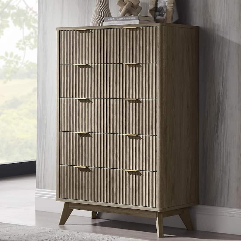 Modern Fluted 5 Drawers Dresser, Chest of Drawers, Dresser TV Stand - Grey Alder