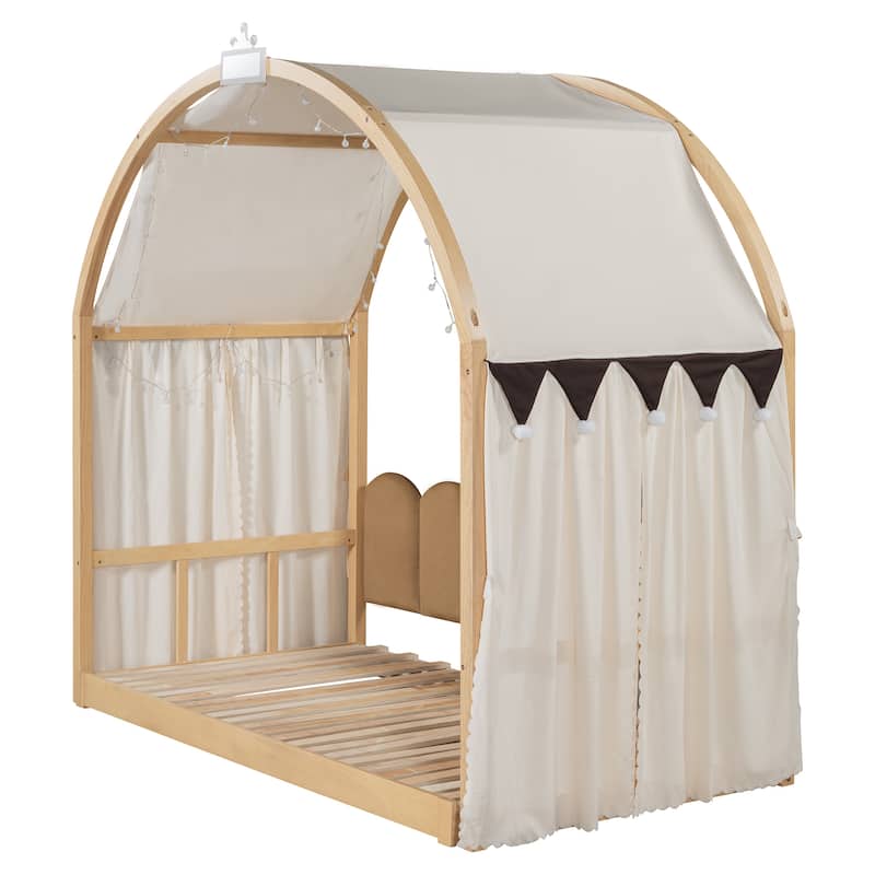 Wood Twin Size Bed Frame with Arched Roof, Floor Bed with Light and Curtain, Pull-out Kids Bed for Girls Boys Bedroom