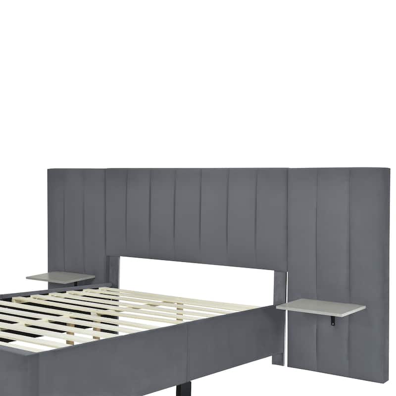 HomeRoots Dark Gray Tufted Velvet Upholstered Lighted Full Bed Frame