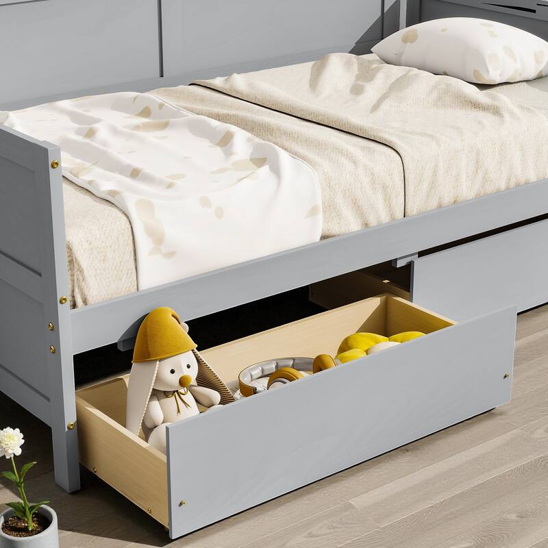 Twin Size Solid Pine Wood Daybed with Two Storage Drawers, Modern Sofa Bed Frame with Pull-Out Storage