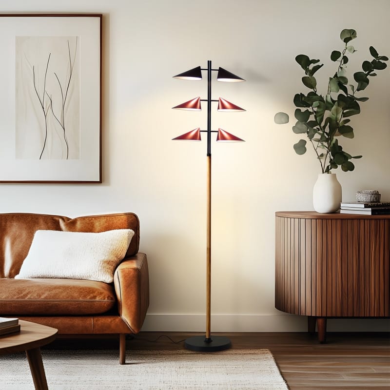 Brightech Ivo 65.2" Matte Black & Oak Midcentury 6-Light 30W Dimmable Integrated LED Modern Tree Floor Lamp With Red Leaf Shades