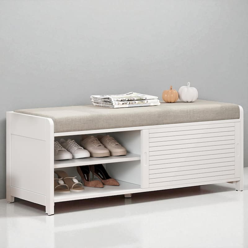Distressed Shutter Shoe Bench with Cushion, Entryway Storage Bench with Sliding Door & Shelves, 43.3" Wide