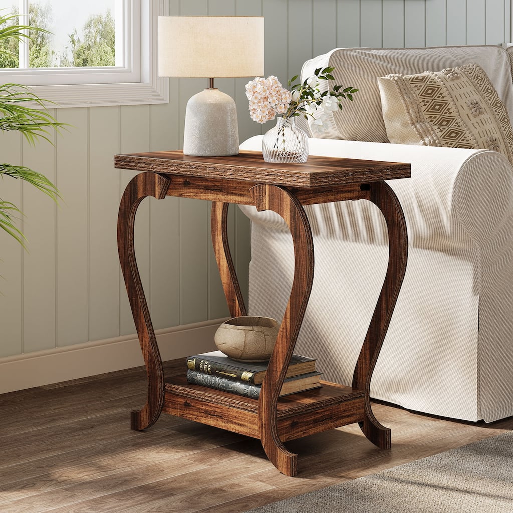 2-Tier End Table, Narrow Wood Side Table with Storage Shelves