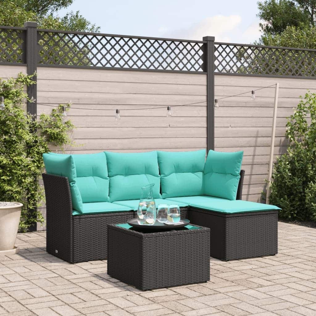vidaXL 5 Piece Patio Sofa Set with Cushions Black Poly Rattan - 24.4 x 24.4 x 27.2