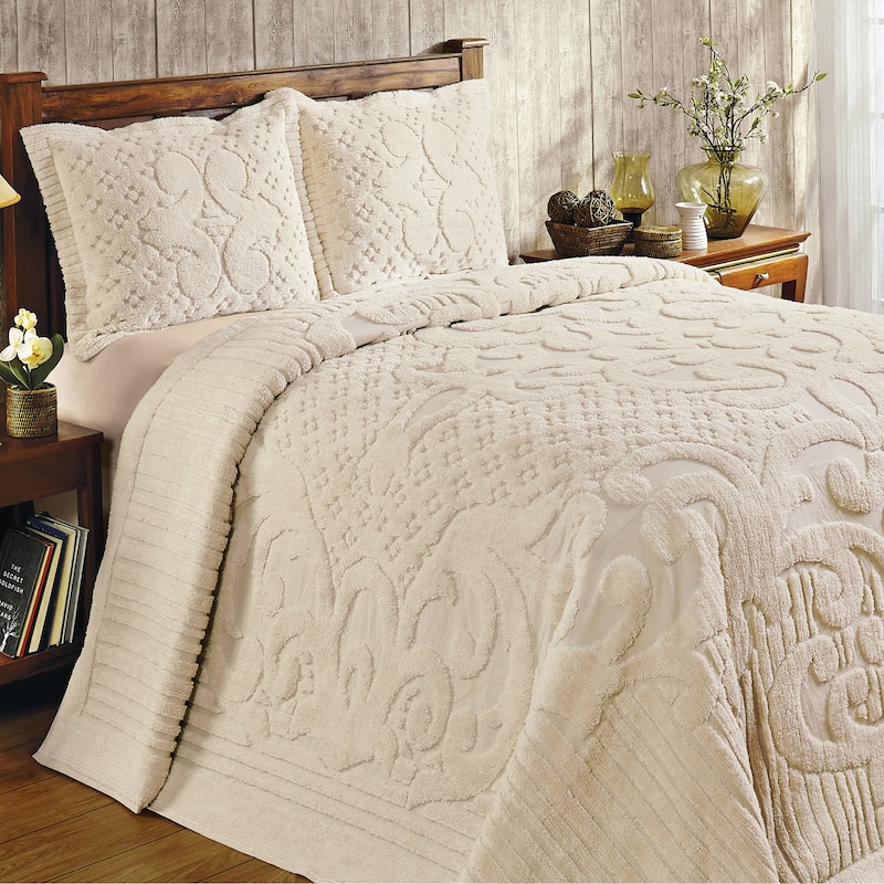 Ashton Textured Scrolling Chenille Design Bedspread - Ivory - Full