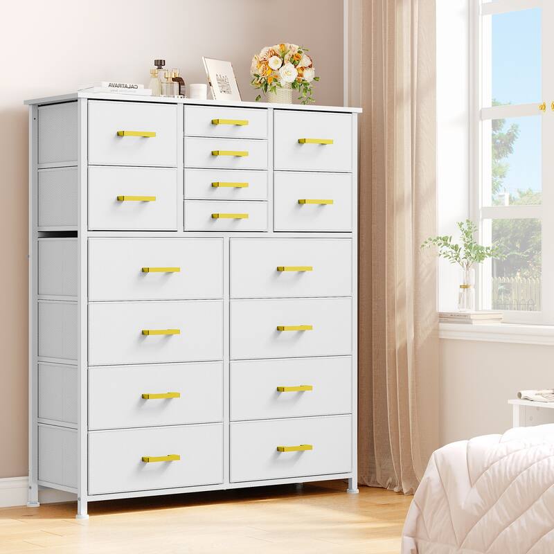 Moasis 16-drawer Dresser Chest with Metal Frame, Wood Tabletop - White