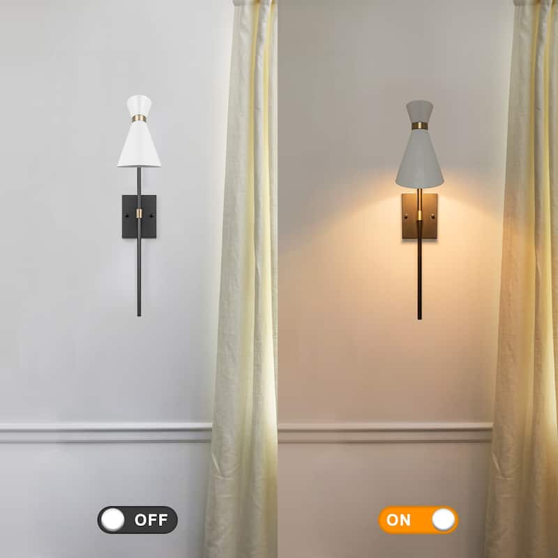 1-Light Black Indoor Wall Sconce with White Cone Metal Shade Modern