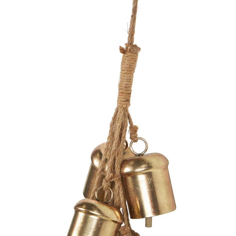 Metal Cascading Cluster Decorative Bells with Jute Hanging Rope - Gold - Roche River Decor