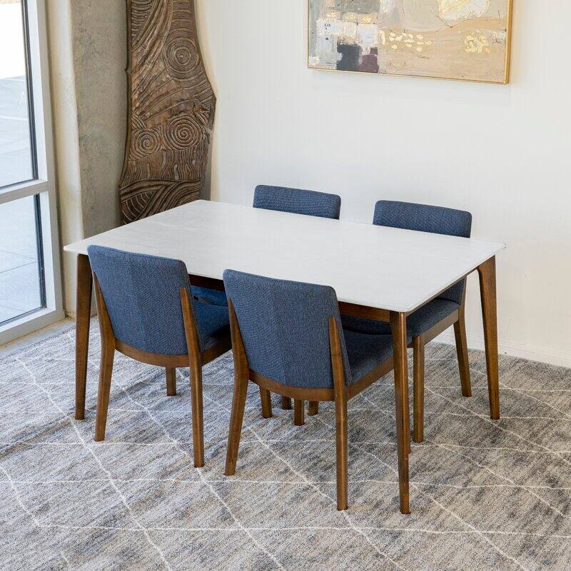 Langford 5-Piece Mid-Century Modern Dining Set with 4 Linen Dining Chairs in Blue