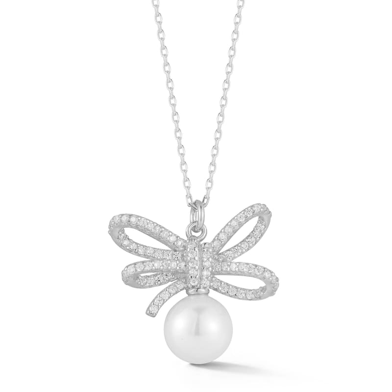 Soleil Sterling Silver Freshwater Pearl CZ Bow Pendant Necklace - White