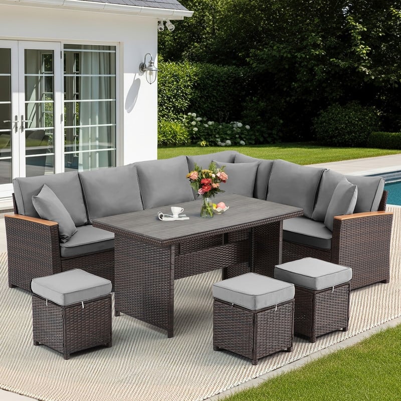 7-Piece Outdoor Sectional Set w/ Dining Table – All-Weather PE Rattan Patio Furniture for Garden, Poolside & Backyard