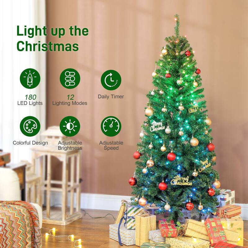 HOMCOM 5ft Prelit Xmas Tree: Colorful LED, Remote, 12 Modes, Timer, Slim Fir, Green