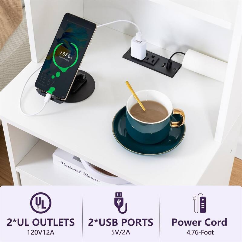 47" Tall Nightstand with Charging Station & LED Lights