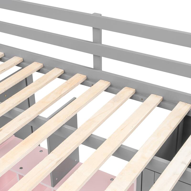 Space-Saving Wood Loft Bed with Wardrobe, Shelves, and Cabinet in Gray and Pink