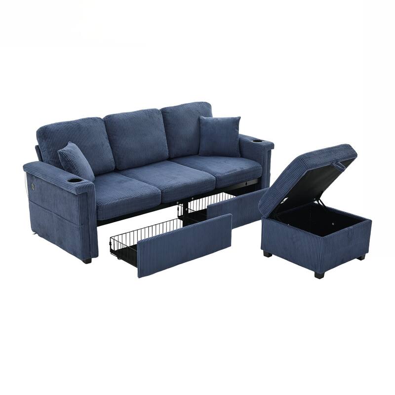 L-Shaped Sectional Sofa with Pull-Out Storage,Ottoman & Pillows 3-Seat with USB Charging,Cup Holder, Convertible Design