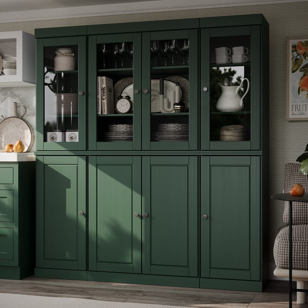 100% Solid Wood Tall Kitchen Pantry Cabinet with Glass Doors, Adjustable Shelves, Modular Storage, 65" W x 71.5" H - 65" x 71.5"