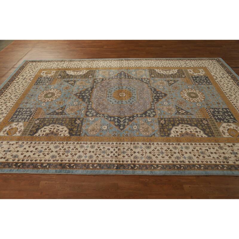 Hand Knotted Oriental 100% Wool Carpet Traditional Geometric Navy Blue & Blues Kazak Area Rug - 9' 9'' X 6' 7''