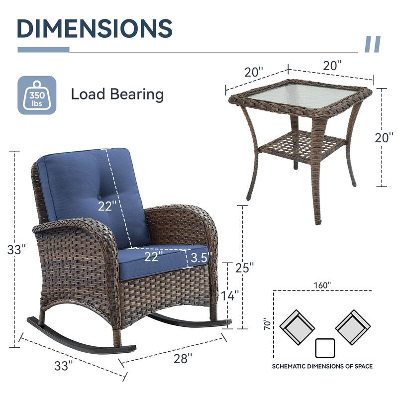 Gymojoy Patio Furniture Set PE Wicker Rocking Chairs & Side Table